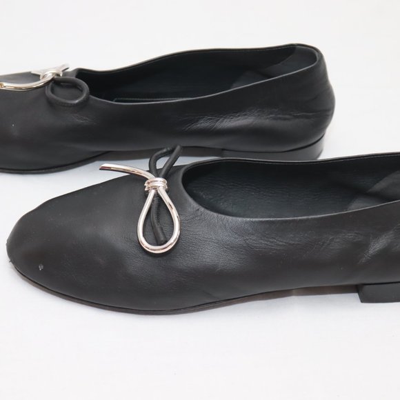 Balenciaga Black Leather Flats with Silver Metal Bow size 41 1/2 made in Italy - Picture 5 of 14
